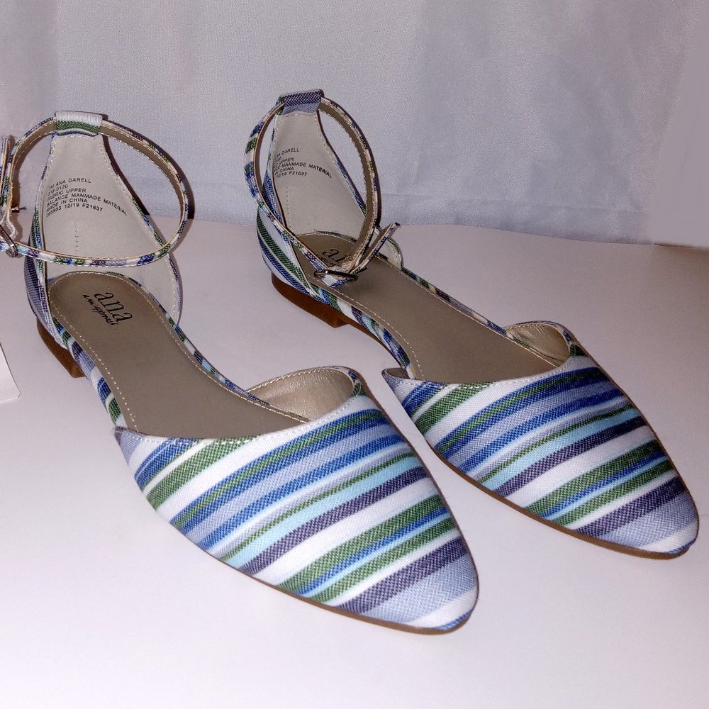 a.n.a. Ballet flats pointed toe Blue Multi cloth top Ankle Strap 7M NWT